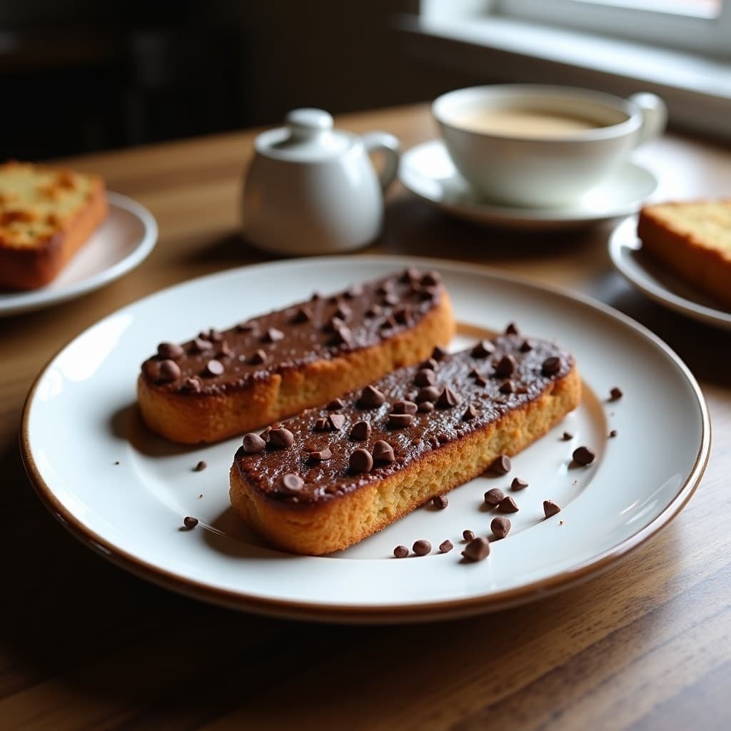 Biscotti dorados y crujientes de almendra con trozos de romerito, bañados en chocolate negro 100%, dispuestos en una bandeja rústica de madera con romero fresco de fondo.