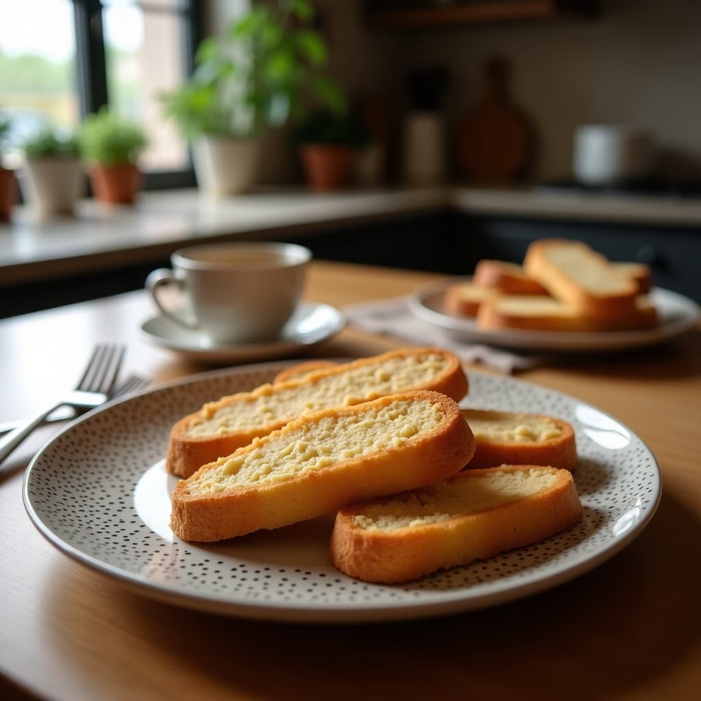 Bandeja de madera con biscotti de almendra y romero sin harina, dorados y crujientes, dispuestos en forma de abanico sobre papel de horno. Al fondo, una taza de café espresso humeante y ramitas de romero fresco. Receta italiana keto para acompañar café.