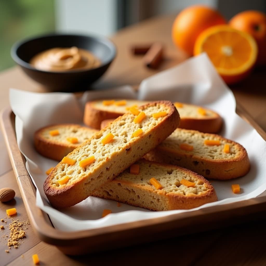 Bandeja de madera con biscotti dorados de avena sarracena y trozos de naranja confitada, dispuestos en abanico sobre papel de horno. Textura crujiente y color tostado, con detalles de almendras molidas. Receta keto y sin gluten.