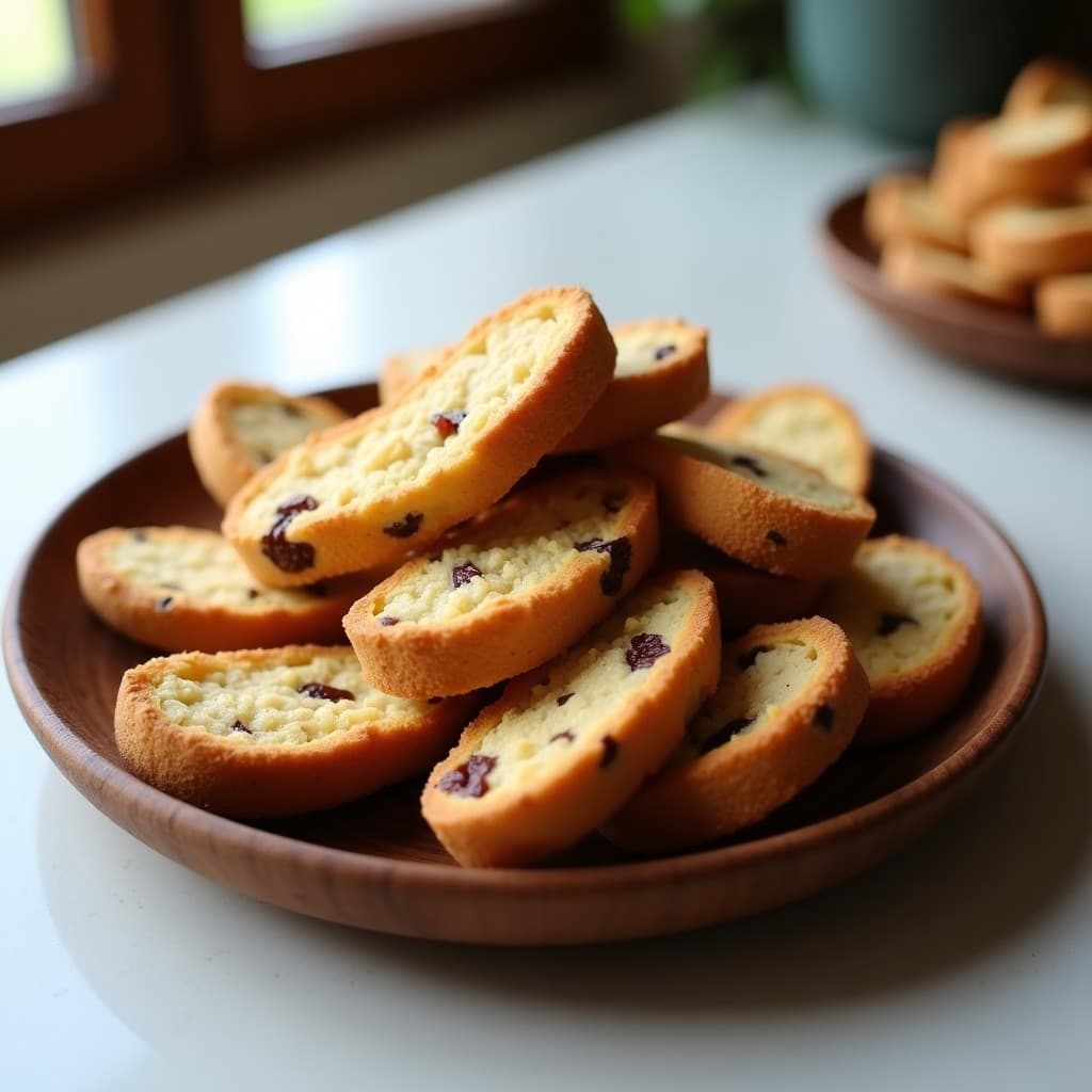Bandeja de madera con biscotti dorados de harina de almendra y higos secos, apilados de forma rústica, con textura crujiente y trocitos de almendra visibles, sobre fondo claro.