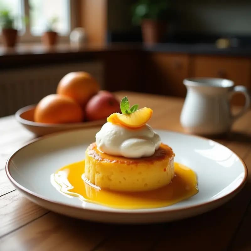 Postre alemán Bispiel de manzana y almendras en molde redondo dorado, con capas visibles de manzanas caramelizadas y almendras tostadas, acompañado de una bola de helado de vainilla cremoso en el centro, sobre fondo rústico de madera.