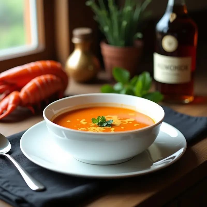 Cuenco hondo de porcelana blanca con bisque de bogavante cremoso, trozos de carne de bogavante visible, espolvoreado con perejil fresco y un hilo de cognac dorado, sobre fondo rústico de madera oscura con servilleta de lino.