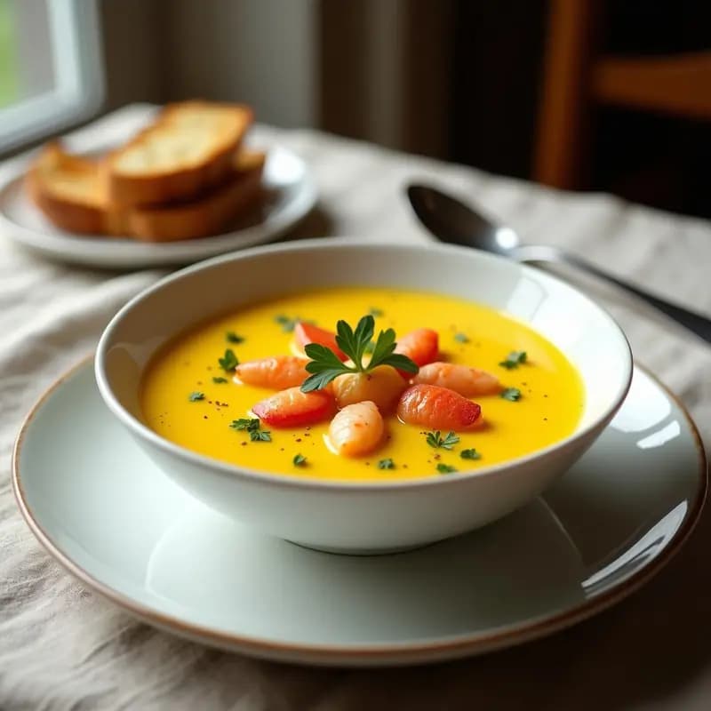 Cuenco blanco elegante con bisque de bogavante y azafrán, cremoso y dorado, decorado con perejil fresco y trozos de bogavante, sobre un mantel rústico de lino.