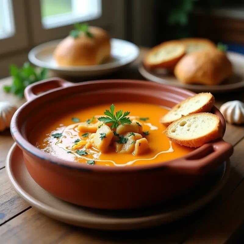 Cazuela de barro humeante con bisque de centollo gallego cremoso, decorado con trozos de centollo y perejil fresco, acompañado de rebanadas de pan tostado.