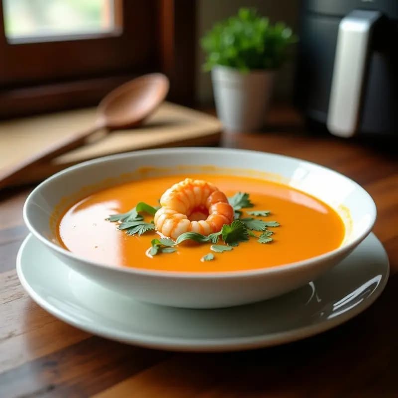Cuenco blanco hondo con bisqué de gambas cremoso en airfryer, textura aterciopelada y color naranja claro, decorado con perejil fresco y una gamba entera. Fondo borroso con utensilios de cocina.