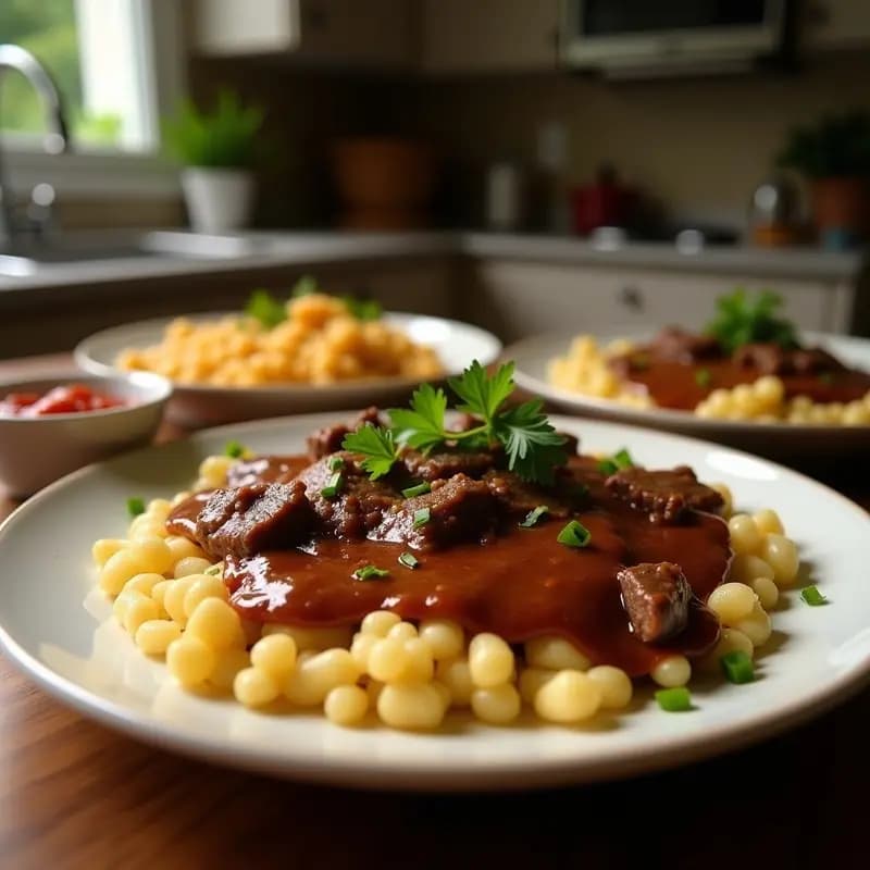 Plato de bistec a la cubana en trozos jugosos, acompañado de rodajas doradas de plátanos verdes y salsa criolla fresca con cebolla, tomate y cilantro. Receta tradicional cubana en sartén.