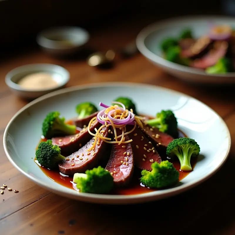 Plato de bistec al estilo Hong Kong con salsa de ostra y brócoli, trozos de carne tierna dorada, brócoli verde vibrante y semillas de sésamo tostadas, servido en un bol blanco sobre fondo oscuro.