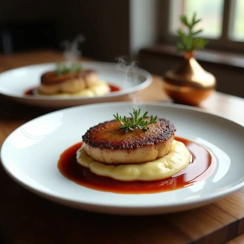Plato blanco elegante con bistec de hongos ostra enteros dorados, puré de coliflor cremoso y salsa de vino port brillante, decorado con almendras tostadas y romero fresco. Receta francesa keto en sartén.