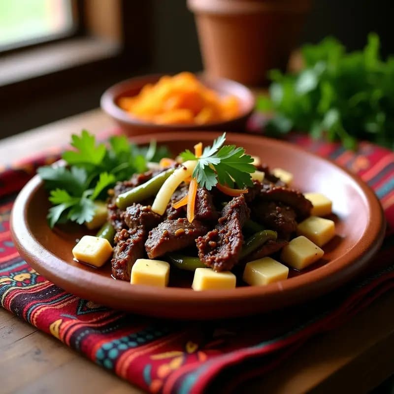 Plato hondo de barro con bistec a la mexicana en tiras jugosas, rajas de chile poblano asado, cebolla salteada y cubos de queso panela ligeramente derretido, decorado con cilantro fresco. Receta casera en sartén antiadherente.