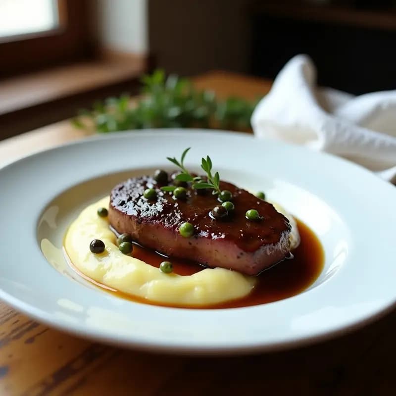 Plato blanco elegante con filete de ternera a la pimienta con costra dorada, puré de patatas cremoso en forma de quenoelle, y salsa oscura de pimienta negra espesa. Decorado con cebollino fresco picado. Receta francesa clásica de bistec a la pimienta con puré de patatas.