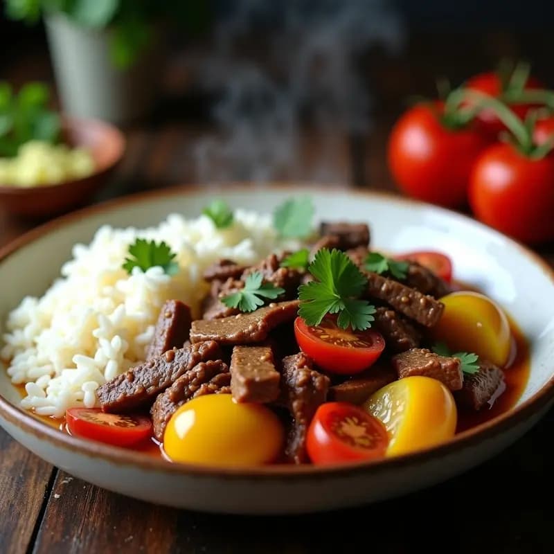 Plato hondo con Bistec Saltado Peruano: tiras de carne dorada salteada con gajos de tomate, cebolla morada y bastones de papa amarilla, acompañado de arroz blanco esponjoso y decorado con culantro fresco.