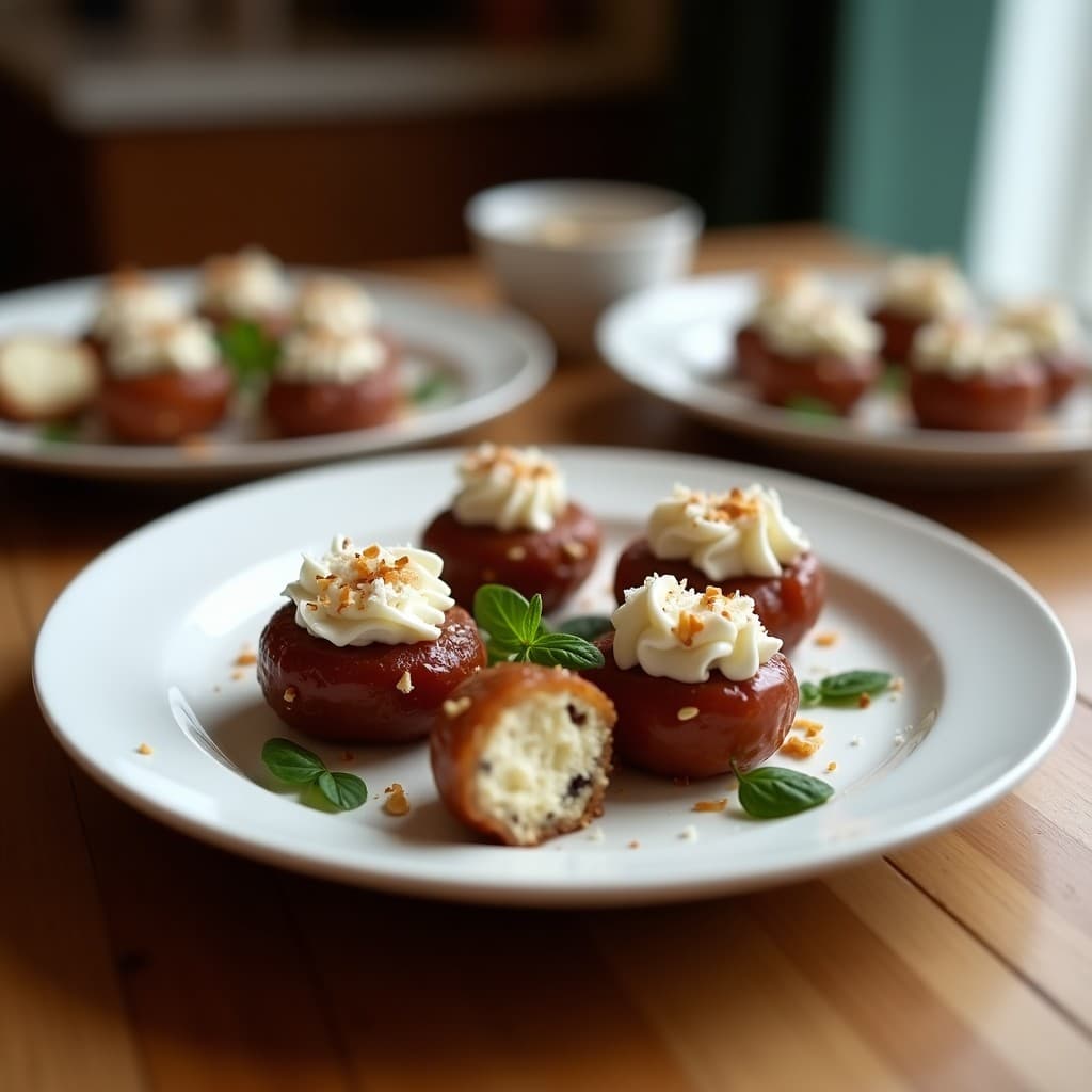 Bites de dátiles Medjool rellenos de queso cremoso de almendras y cubiertos de coco rallado tostado y semillas de sésamo negro, dispuestos en bandeja de madera con fondo borroso. Aperitivo vegano sin azúcar.