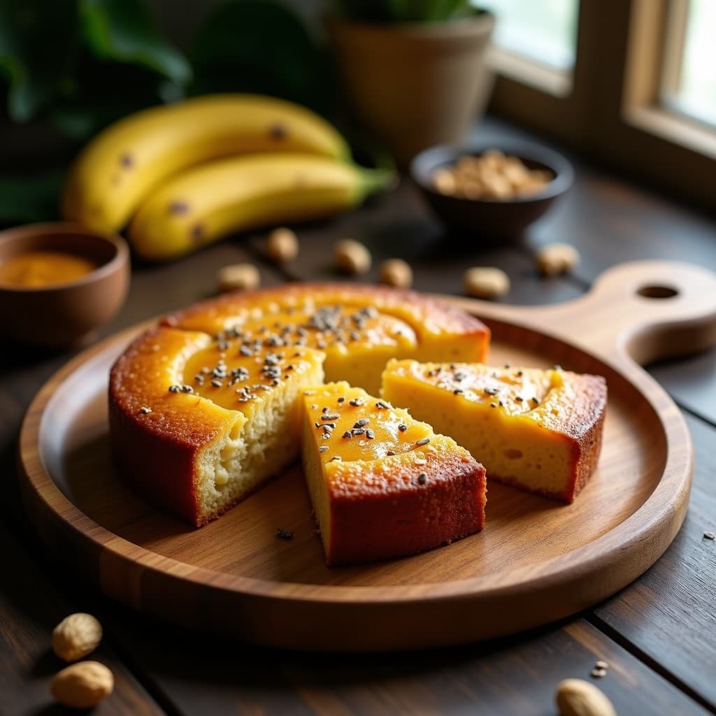 Bizcocho dorado y esponjoso de cacahuete y plátano keto sin harina, cortado en porciones, con vetas de mantequilla de cacahuete derretida y semillas de chía espolvoreadas. Toque rústico con especias africanas en un plato de barro sobre fondo de madera.