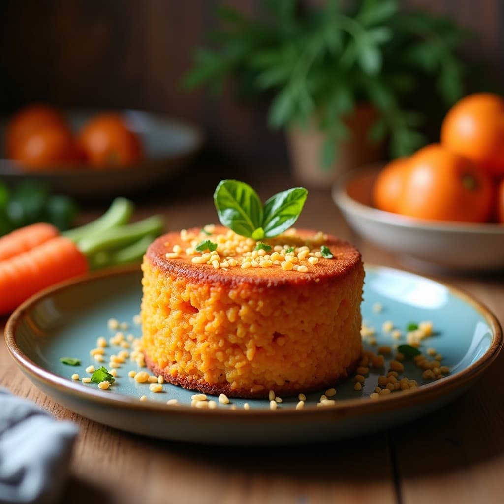 Bizcocho de zanahoria y coco en airfryer cortado en porciones, mostrando su textura esponjosa y húmeda con trocitos de nuez, servido sobre un plato de cerámica blanca con fondo rústico de madera.