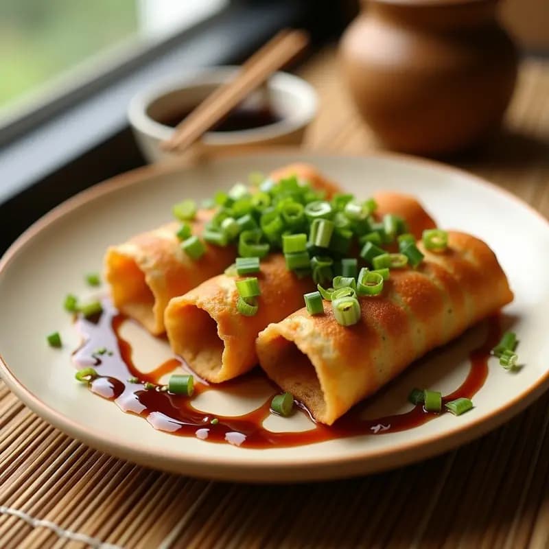 Plato de panqueques chinos B带jiao dorados, enrollados y servidos con salsa de soja y cebolla verde picada encima, sobre un mantel de bambú.