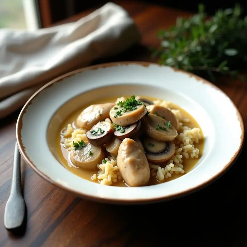 Plato hondo de porcelana blanca con blanquet de pollo y champiñones portobello en salsa cremosa, decorado con perejil fresco y una rodaja de limón. Fondo rústico con servilleta de lino y tenedor de plata.