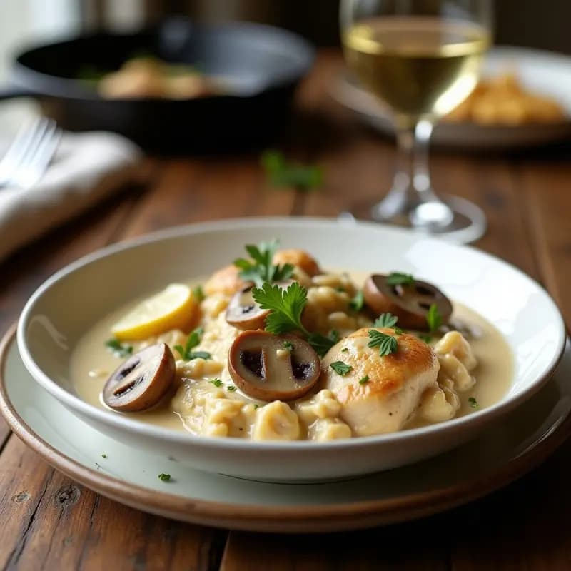 Plato hondo blanco con blanquette de poulet y champiñones, salsa cremosa blanca con trozos de pollo dorado y champiñones portobello, decorado con perejil fresco y ralladura de limón, servido en sartén antiadherente.