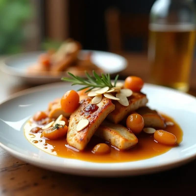 Plato de porcelana blanca con Blenheim Apricot Chicken, trozos de pollo dorado bañados en una salsa espesa de albaricoque color ámbar, decorado con almendras tostadas y ramitas de romero fresco.