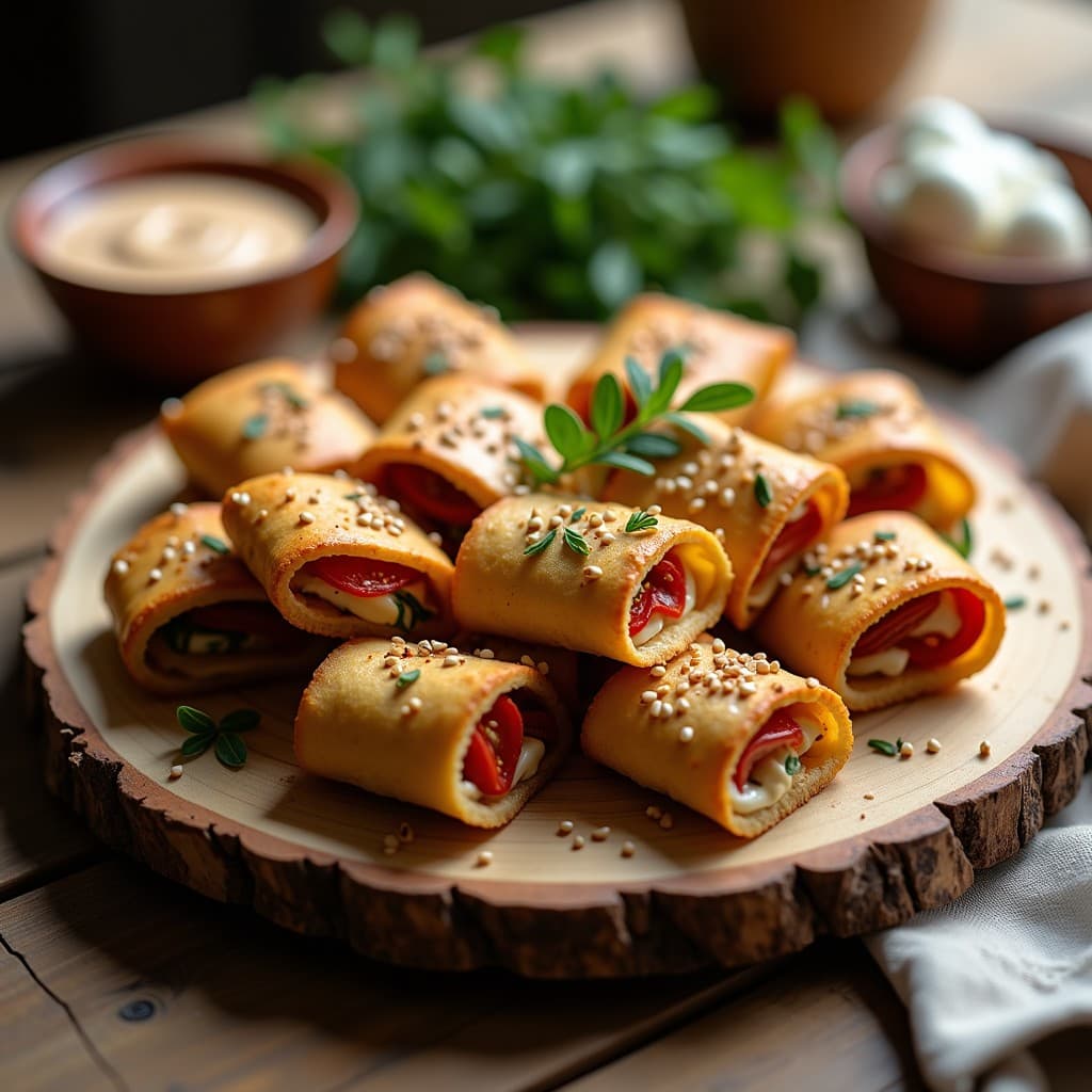 Rollitos B летy griegos de berenjena y tomate seco dorados y crujientes, servidos en una bandeja de madera rústica con hierbas frescas y semillas de sésamo, receta mediterránea vegana.