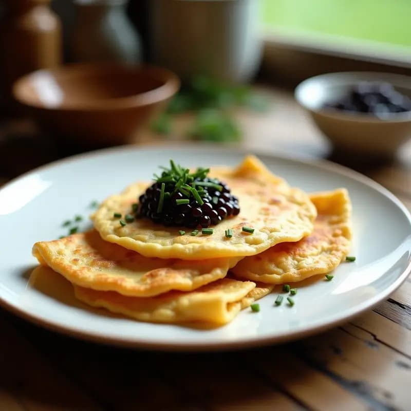 Plato blanco con blini rusos veganos dorados y finos, servidos con una cucharada de caviar de berenjena oscuro y brillante, decorados con cebollino y eneldo fresco. Receta de blina Russki con caviar de berenjena vegano.