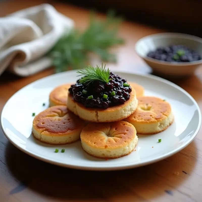 Plato blanco con blinis dorados de avena y semillas de lino, apilados con caviar de berenjena negro brillante, decorados con eneldo fresco y cebollino sobre fondo rústico de madera.