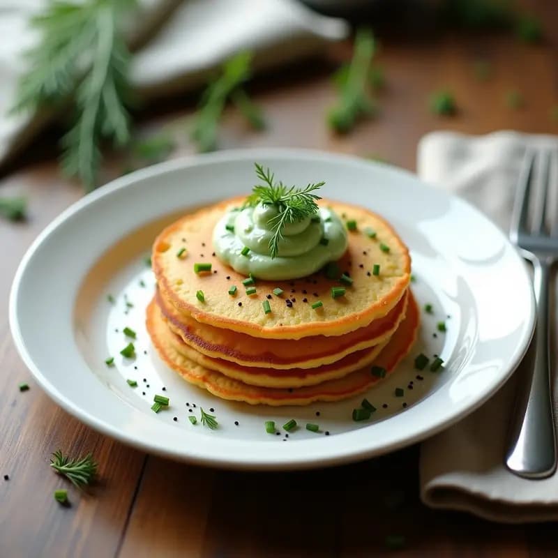 Plato blanco con blinis dorados de harina de garbanzo, apilados y acompañados de crema de eneldo verde brillante en un bol pequeño. Decorados con hojas de eneldo fresco y semillas de sésamo, sobre un mantel de lino gris.