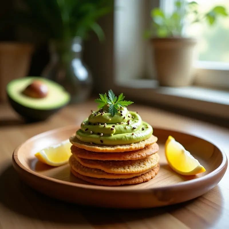 Blinis rusos dorados de harina de trigo sarraceno apilados en un plato de madera, coronados con crema de aguacate verde vibrante, decorados con eneldo fresco y semillas de sésamo, acompañados de rodajas de limón.