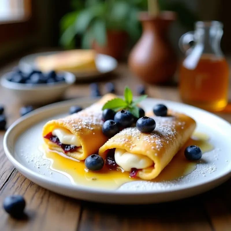 Plato blanco con blintzes rusos de requesón y arándanos con miel, dorados por fuera y rellenos de una crema suave, decorados con arándanos frescos y un hilo de miel de acacia.