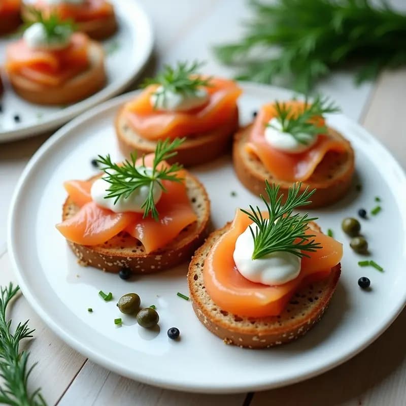 Plato elegante con BLinux de pan de linaza tostado, coronado con láminas de salmón gravlax, crema de eneldo, rúcula baby, alcaparras y cebollino picado, receta sueca gourmet.