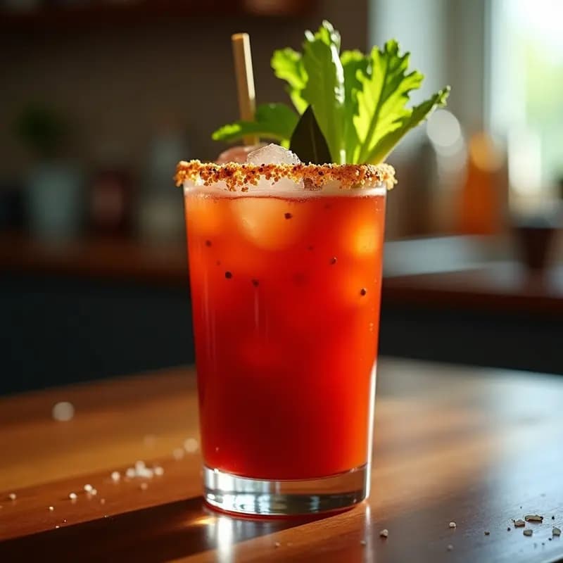 Vaso alto tipo highball con Bloody Mary: cóctel rojo intenso con vodka, decorado con palo de apio y rodaja de limón en el borde. Fondo desenfocado con hielo y especias visibles.