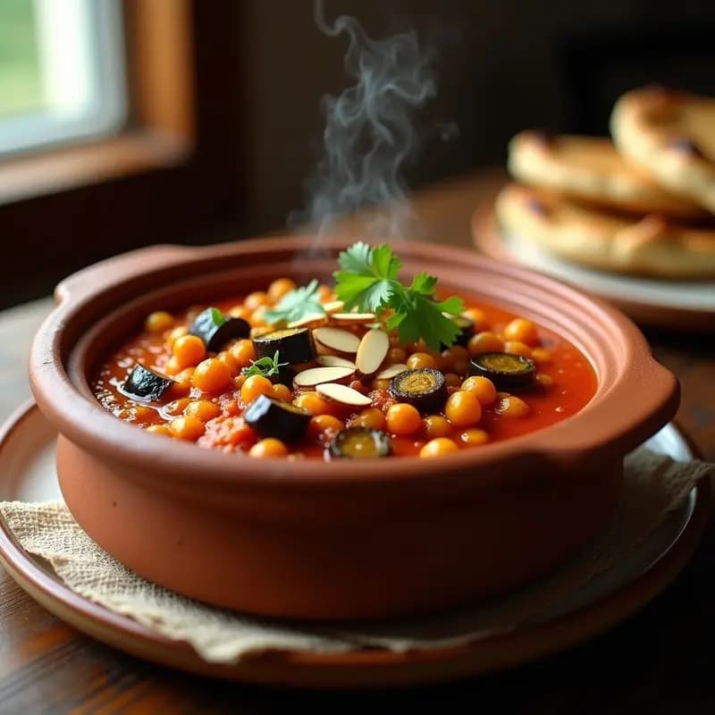 Olla de barro humeante con Bnihin Vegetariano, estofado tunecino de berenjena y garbanzos en salsa espesa y picante, decorado con almendras fileteadas y cilantro fresco, acompañado de pan de pita.