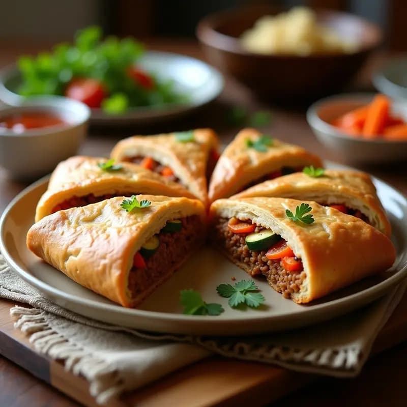 Boakie sudafricano dorado y crujiente en molde rectangular, con capas visibles de hojaldre integral y relleno de carne molida especiada con verduras, decorado con cilantro fresco.