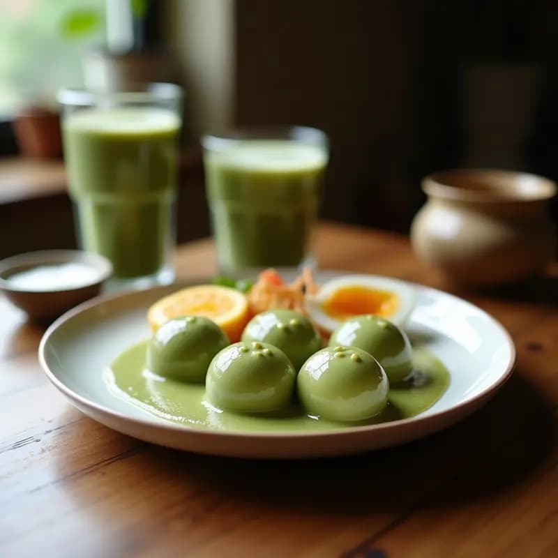 Vaso alto transparente con Boba Tea de Matcha y Coco sin azúcar, lleno de esferas de coco gelificadas y líquido verde vibrante, servido con pajita ancha y hielo picado, sobre fondo de madera clara.