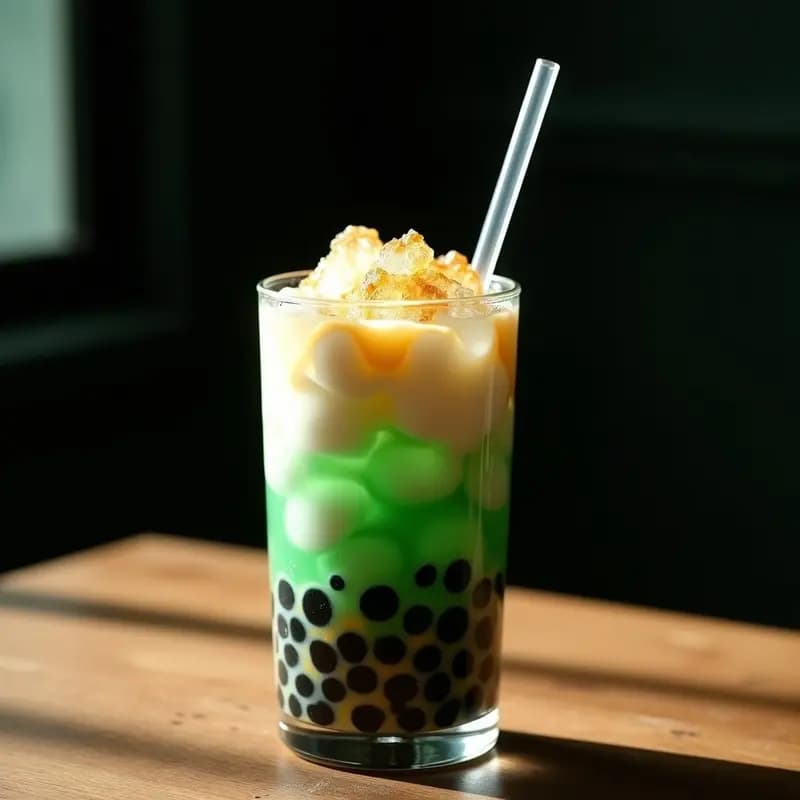 Vaso alto transparente con Bobao Chino de Té Verde con Leche y Perlas de Tapioca, mostrando capas de té verde jade, leche cremosa y perlas negras brillantes, decorado con hielo picado y un hilo de miel, servido con pajita ancha sobre fondo oscuro.