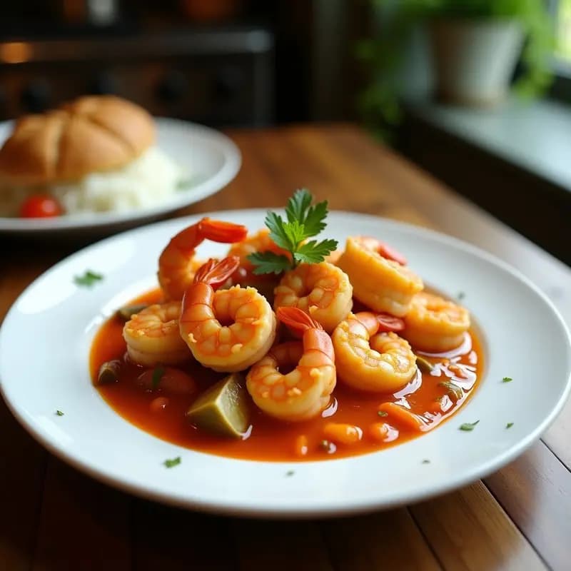 Bobó de Camarão brasileño en cuenco hondo de barro, con camarones rosados, trozos de mandioca cremosa y salsa de leche de coco dorada, decorado con cilantro fresco y rodajas de lima, servido sobre mesa rústica de madera.