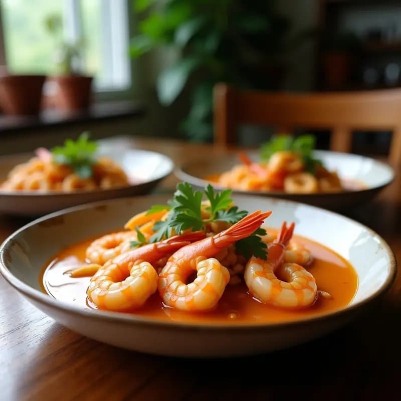 Cazuela de barro humeante con bobó de camarão com leite de coco, camarones rosados y trozos de yuca en salsa cremosa de coco, decorado con cilantro fresco y rodajas de lima, sobre fondo rústico de madera.