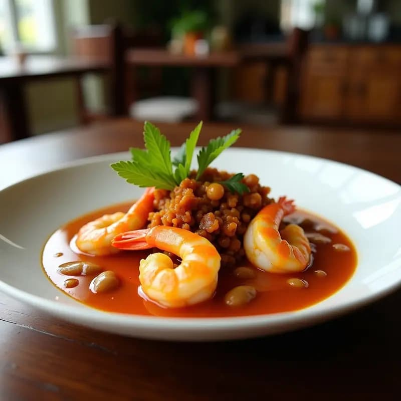 Olla de barro humeante con Bobó de Camarão, sopa brasileña cremosa de yuca desmenuzada y camarones en salsa dorada de leche de coco y dendê, decorada con cilantro fresco y rodajas de limón.