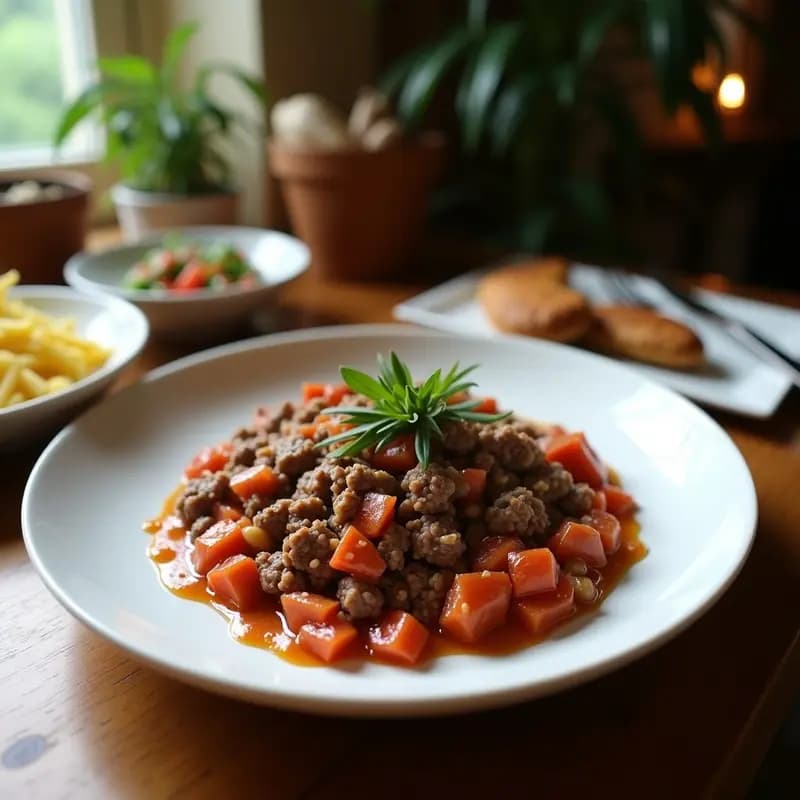 Bobotie sudafricana con carne molida y frutos secos en molde rectangular, topping dorado de huevo y almendras fileteadas, servida en porción con hojas de laurel. Receta especiada y alta en proteína.