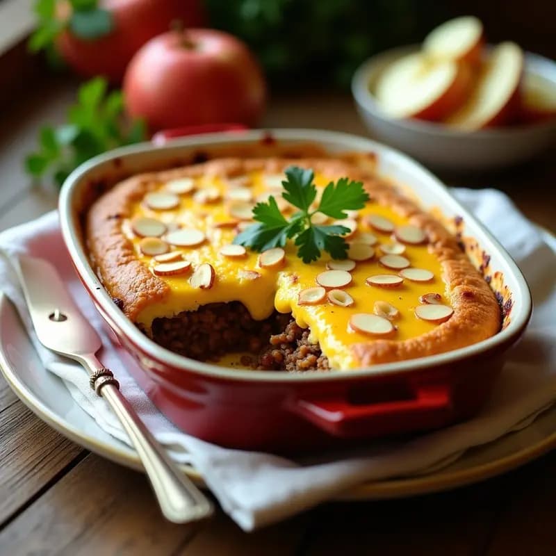 Bobotie sudafricano con carne picada y curry en molde rectangular, topping dorado de huevo y leche de coco, decorado con almendras fileteadas y hojas de laurel, servido con rodajas de limón y hierbas frescas.