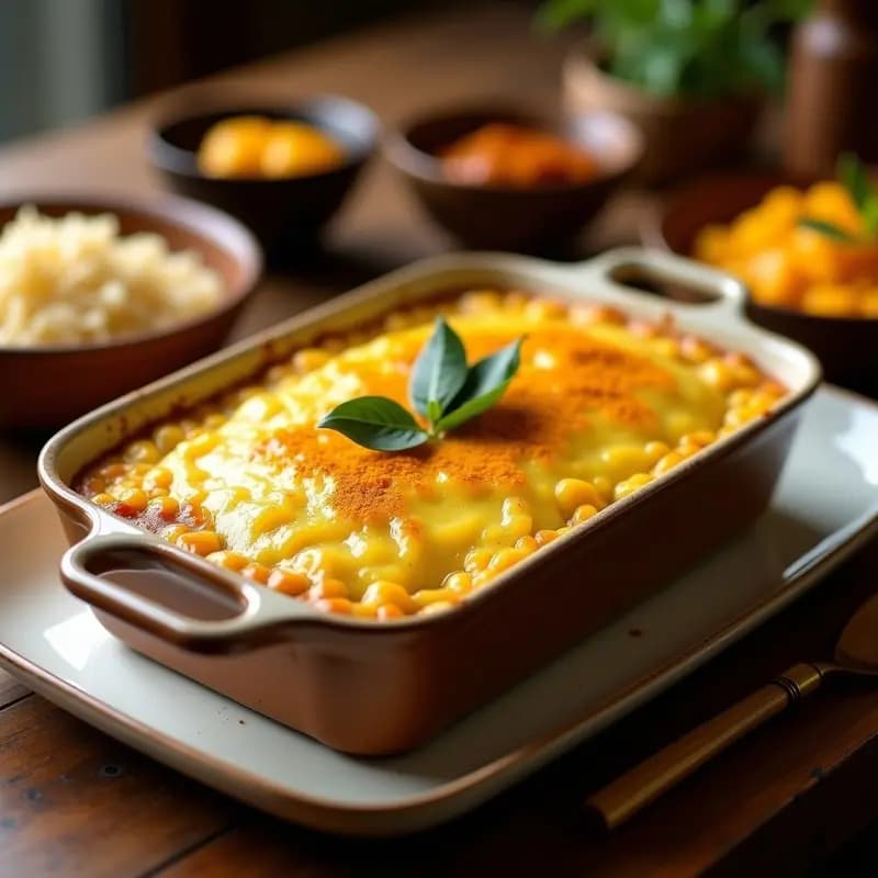 Bobotie sudafricano con carne de cordero y currys al horno, servido en molde rectangular dorado, con capa superior cremosa y especiada, acompañado de hojas de laurel.