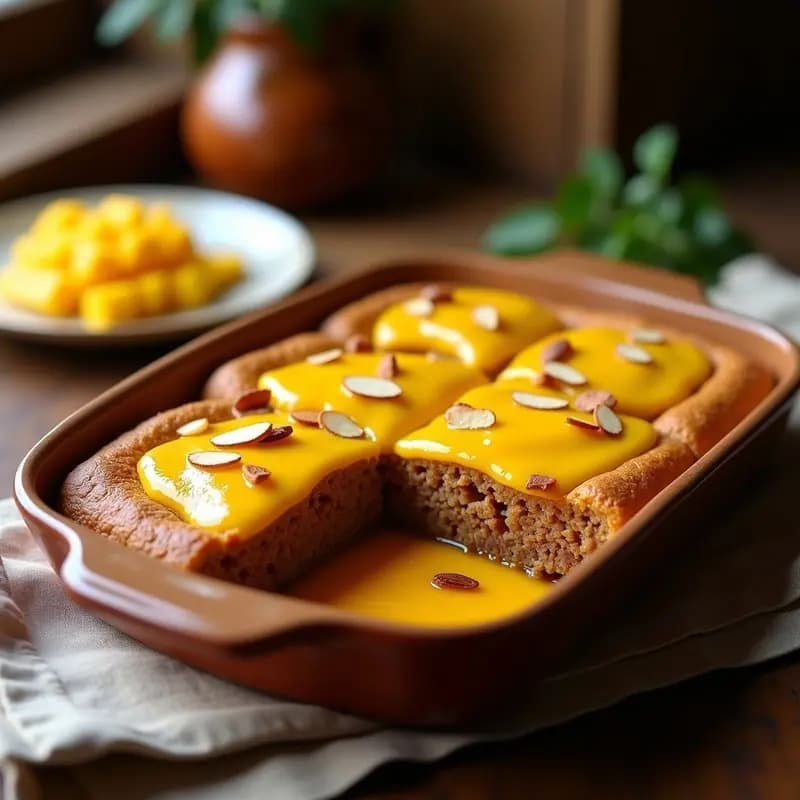Bobotie de cordero dorado en molde rectangular, cortado en porciones, con salsa de mango brillante y almendras tostadas por encima. Plato tradicional sudafricano con especias y frutas, servido en mesa de madera rústica.