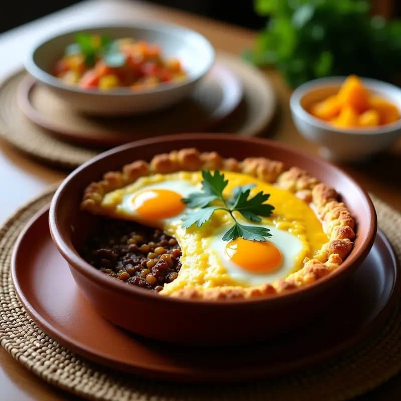 Bobotie sudafricano con lentejas y curry en molde de barro, topping dorado de huevo y leche de coco, decorado con almendras laminadas y hojas de cilantro, sobre fondo rústico de madera.