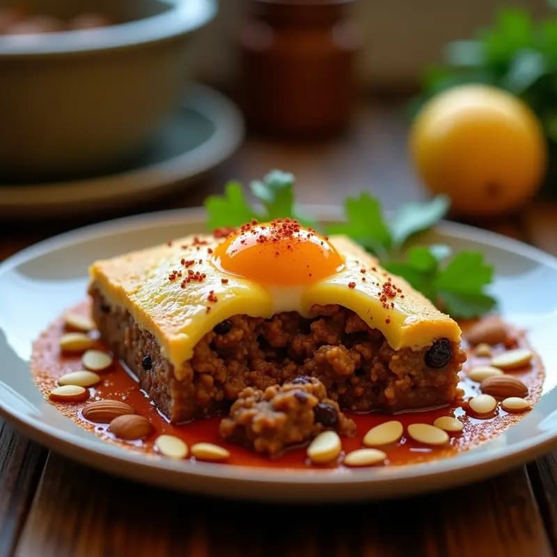 Bobotie sudafricana en olla lenta: plato hondo con carne de res estofada, frutas secas y capa dorada de huevo, servida con rodajas de manzana fresca y hojas de cilantro.