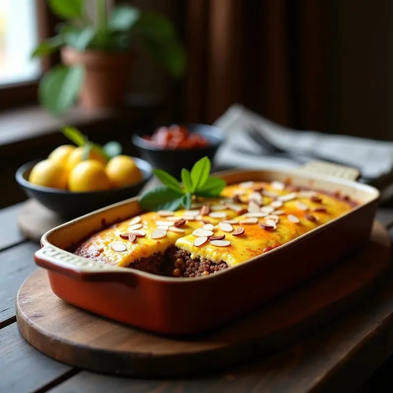 Bobotie sudafricano con curria y hojas de bayas servido en molde rectangular, dorado al horno con topping de huevo y almendras fileteadas, acompañado de hojas de bayas y trozos de fruta seca visibles.