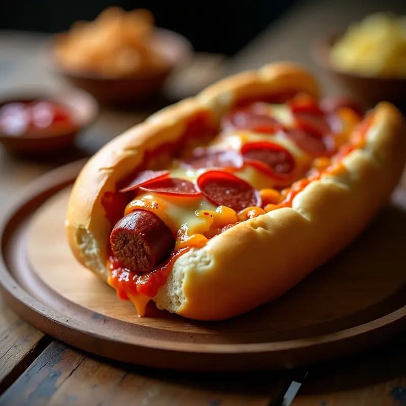 Bocadillo abierto con salchicha Frankfurt, queso fundido cuatro quesos, pepperoni y cebolla salteada, horneado hasta dorar, sobre bandeja de madera rústica.