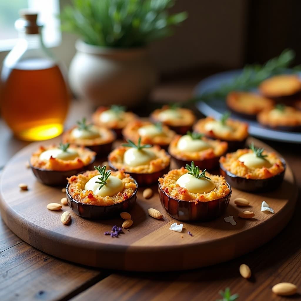 Bandeja de madera con bocaditos de berenjena y queso de cabra en airfryer, dorados y crujientes, con un hilo de miel de lavanda y hojas de tomillo fresco como decoración. Aperitivo francés elegante y gourmet.