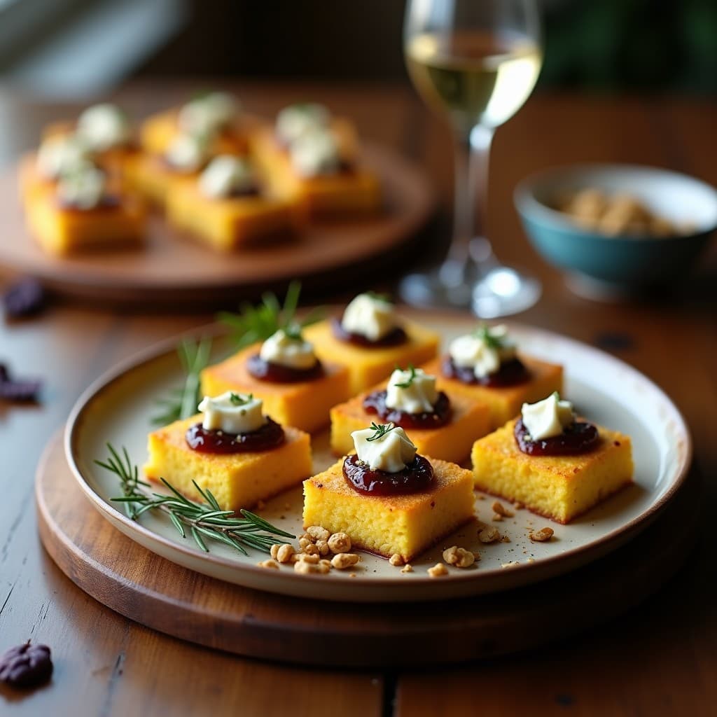 Bocaditos cuadrados de polenta dorada y crujiente en airfryer, coronados con trozos de queso azul cremoso, una cucharadita de mermelada de higo brillante y espolvoreados con nueces picadas y romero fresco. Plato de aperitivo italiano elegante y sofisticado.