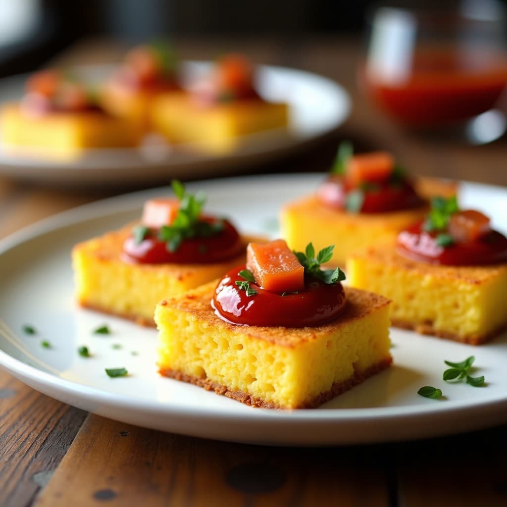 Plato blanco con bocaditos de polenta dorados y crujientes en airfryer, servidos con salsa romesco cremosa y trocitos de anchoas, decorados con perejil fresco. Aperitivo italiano gourmet.