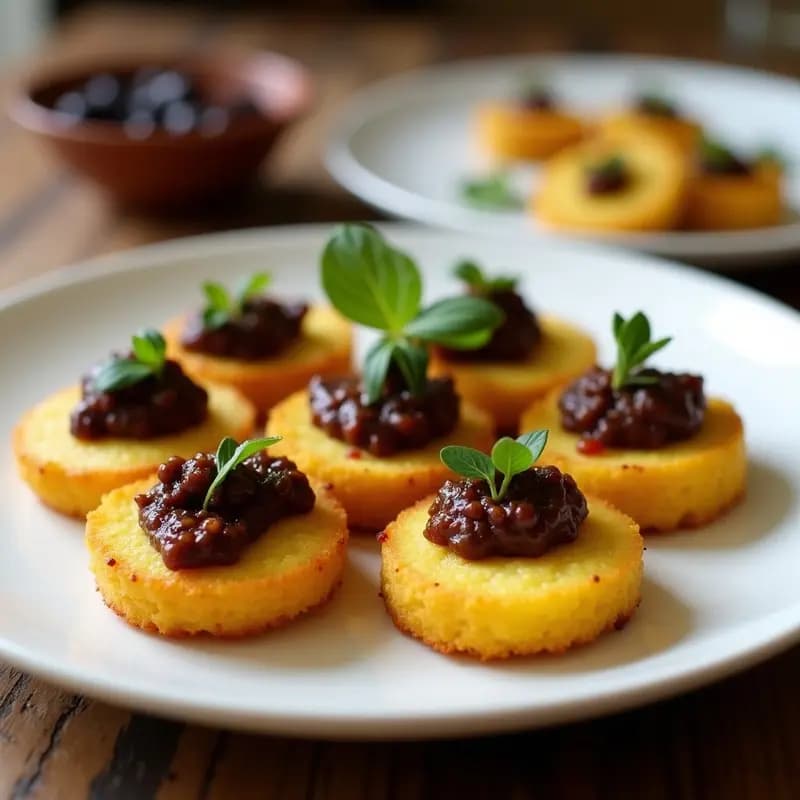 Bandeja de madera con bocaditos cuadrados de polenta dorada y crujiente, coronados con tapena oscura de aceitunas Kalamata, alcaparras y hierbas. Decorados con rodajas de limón y hojas de apio en un fondo rústico con luz natural.