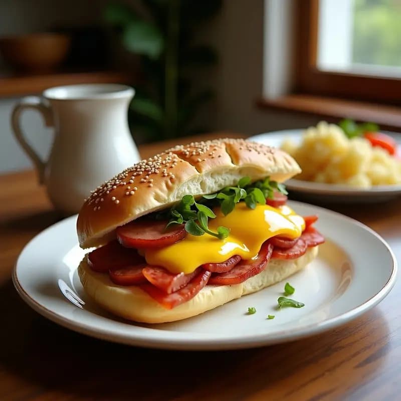 Bocadillo gigante abierto mostrando capas de chorizo frito, queso cheddar fundido y huevo con yema líquida sobre pan de chapata tostado, receta de fast food casera decadente.